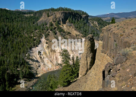 WYOMING - Basaltsäulen und ein Pinnacle entlang der Schlucht des Yellowstone River gegenüber von Calcit Frühling im Yellowstone National Park. Stockfoto