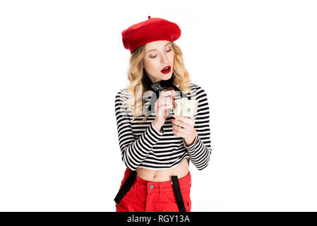 Attraktive Französin zählen Dollar Banknoten isoliert auf weißem Stockfoto