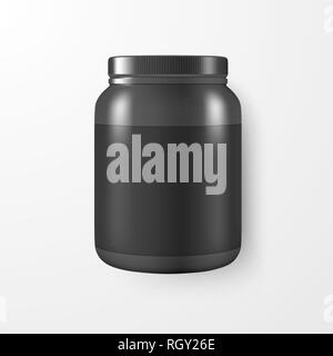 Vektor realistische 3D-Kunststoff schwarz Glas, können mit Deckel Closeup isoliert auf weißem Hintergrund. Design Template von Whey Protein, Sport Pulver, Vitamine Stock Vektor