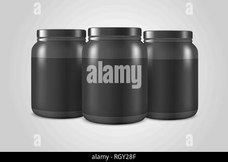 Vektor realistische 3D-Kunststoff schwarz Glas, können mit Deckel Set Closeup isoliert auf weißem Hintergrund. Design Template von Whey Protein, Sport Pulver, Vitamine Stock Vektor