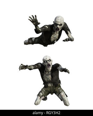 Beängstigend Zombie auf weißem Hintergrund, 3D-Rendering Stockfoto