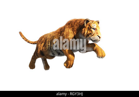 Tiger stürzen sich auf weißem Hintergrund, 3D-Rendering Stockfoto