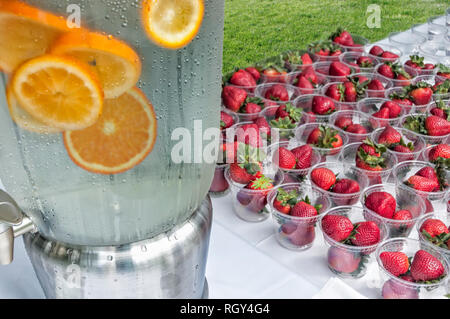 Infundiert orange aromatisierte Wasser und frische Erdbeeren in cups auf Sommer outdoor Tisch mit Gras im Hintergrund Stockfoto