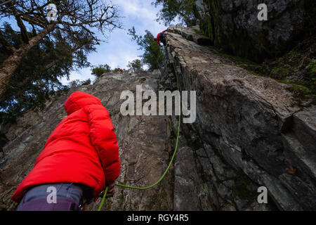 Kletterer sichern, während Ihr Partner Klettern am Rand der Klippe ist. In Area 44 in der Nähe von Squamish und Whistler, nördlich von Vancouver, BC, können Stockfoto