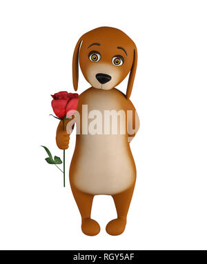 Cartoon Valentinstag Hund mit einer roten Rose in der Hand, auf weißem Hintergrund. 3D-Rendering Stockfoto