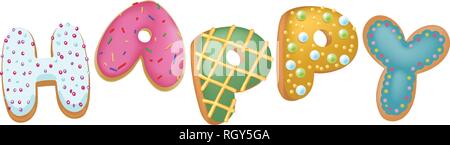 Gemischte Farbe donut Happy Insignia, Ansicht von Oben, für Bäckerei vorhanden, alles Gute zum Geburtstag. Stock Vektor