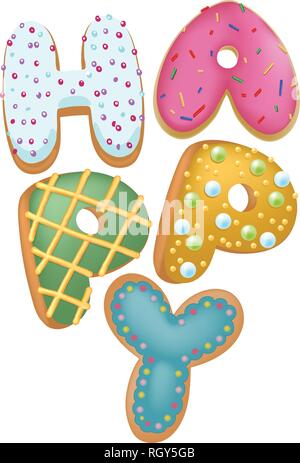 Gemischte Farbe donut Happy Insignia, Ansicht von Oben, für Bäckerei vorhanden, alles Gute zum Geburtstag. Stock Vektor