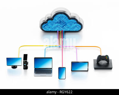 Cloud Computing Diagramm mit verschiedenen angeschlossenen Gerät.. 3D-Darstellung. Stockfoto
