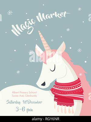 Magische Einhorn auf der Winter scine. frohe Weihnachten und ein glückliches neues Jahr. Vector Illustration Stock Vektor