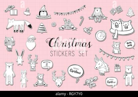 Schwarze und weiße Weihnachten und Winter Sticker Set Vector Illustration Stock Vektor
