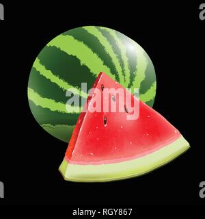 Realistische reife Wassermelone auf schwarzem Hintergrund. Stock Vektor