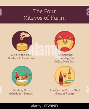 Symbole der jüdische Feiertag Purim. Infografiken Design. Vector Illustration Stock Vektor