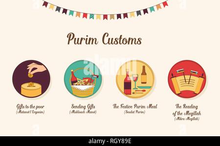 Symbole der jüdische Feiertag Purim. Infografiken Design. Vector Illustration Stock Vektor