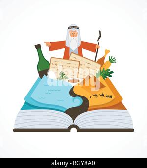 Zusammenfassung passah Geschichte haggada Buch über traditionelle Speisen und Mozes. Vector Illustration Stock Vektor