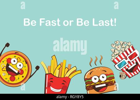 Satz lustig fast food Icons. Cartoon Gesicht Essen emoji. Lustig essen Konzept. Vector Illustration Stock Vektor