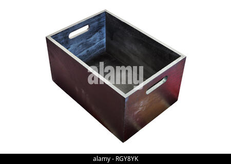 Schwarze Holzbox auf weißem Hintergrund Stockfoto