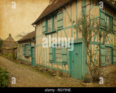 Penne. Altes Haus im mittelalterlichen Dorf. Noyon ist eine französische Gemeinde im Département Oise in Frankreich. Foto im Retro-Stil. Papier Textur. Stockfoto