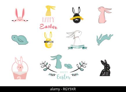 Bunny, Kaninchen, cute Zeichen gesetzt, für Ostern, Kinder- und Baby T-Shirts und Grußkarten. vector Abbildung: Stock Vektor