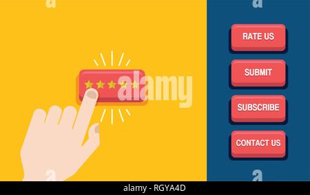 Hand, drücken Sie die STERN-Taste. Customer Review Konzept. Bewertung goldene Sterne. Web Buttons Design. Vector Illustration Stock Vektor