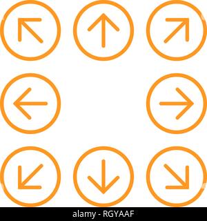 8 / 8 orange Pfeile im Kreis mit verschiedenen Richtungen. Vector Illustration, EPS 10. Stock Vektor