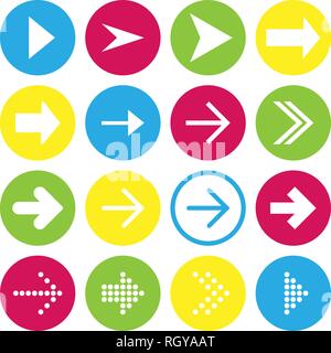 16 Pfeil-nach-rechts-Symbole. Pfeiltasten auf weißem Hintergrund in rot, blau, gelb und transparent Kreise für web-design, Anwendungen und andere Stock Vektor