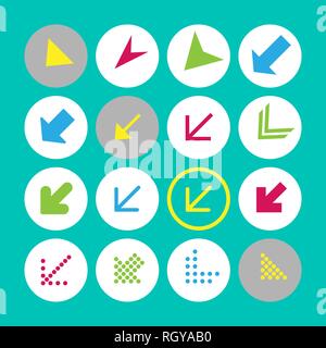 16 Pfeil Symbole mit süd-westlicher Richtung. Pfeiltasten auf Türkisfarbenem Hintergrund in weiß, grau und transparent Kreise für web-design, applicat Stock Vektor