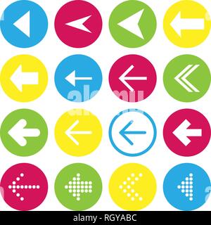 16-Linker Pfeil Symbole. Pfeiltasten auf weißem Hintergrund in rot, blau, gelb und transparent Kreise für web-design, Anwendungen und andere. Stock Vektor