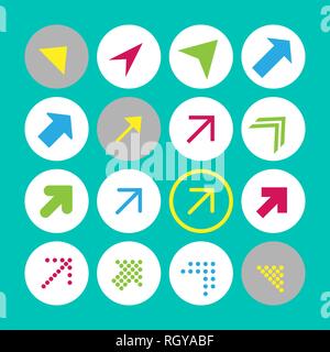 16 Pfeil Symbole in nord-östlicher Richtung. Pfeiltasten auf Türkisfarbenem Hintergrund in weiß, grau und transparent Kreise für web-design, applicat Stock Vektor