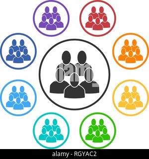 Satz der Gruppe Symbole mit 5 Völker. Regenbogen Farben: Rot, Orange, Gelb, Grün, Türkis, Blau, Dunkelblau, Violett. Stil ist flach Grafik grau und colo Stock Vektor