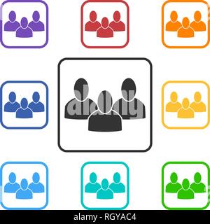 Satz eckiger Gruppe Symbole mit 3 Völker. Regenbogen Farben: Rot, Orange, Gelb, Grün, Türkis, Blau, Dunkelblau, Violett. Stil ist flach Grafik Grau a Stock Vektor