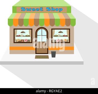 Süßigkeiten Shop Symbol mit langen Schatten auf weißem Hintergrund. Sweet Shop Fassade, gewerbliche Gebäude. Vector Illustration, EPS 10. Stock Vektor