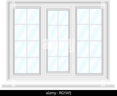 Dreifache Fensterrahmen mit blauen Gläsern auf weißem Hintergrund. Geschlossen realistische Fenster für Architektur und Innenarchitektur. Vektor illustr Stock Vektor