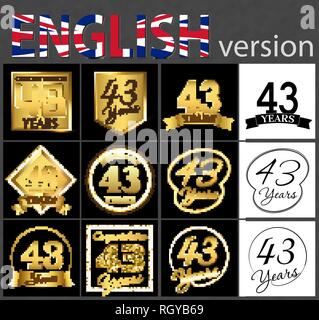 Satz von Nummer 43 Jahre (43 Jahre) feiern. Jahrestag goldene Vorlage Anzahl Elemente für Ihre Geburtstagsfeier Stock Vektor