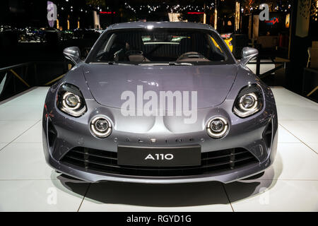 Brüssel - Jan 18, 2019: Alpine A110 Sport Auto präsentiert an der 97th Brüsseler Motor Show 2019 Autosalon. Stockfoto