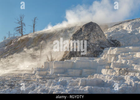 Ein großer Felsblock steigt über Kreide weißen Terrassen mit Nebel und Dampf steigt in den Hintergrund Mammoth Hot Springs, Yellowstone National Park. Stockfoto