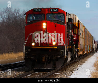 Canadian National Railway #2666 Schleppen der Fracht, die über Durand, Michigan im Winter Stockfoto