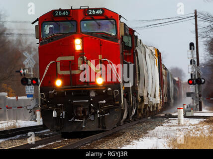 Canadian National Railway #2646 Schleppen der Fracht, die über Durand, Michigan im Winter Stockfoto