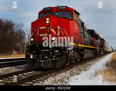 Canadian National Railway #2646 Schleppen der Fracht, die über Durand, Michigan im Winter Stockfoto