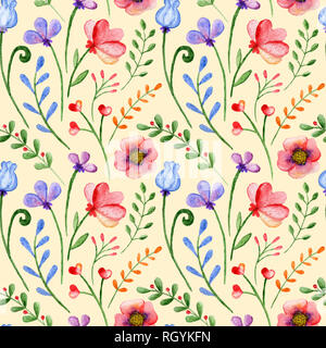 Nahtlose Muster mit Aquarell Zweige, Blumen und Beeren auf einem gelben Hintergrund. Handgemalte verzierung Stockfoto