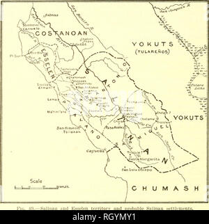 . Bulletin. Ethnologie. 548 BÜRO DER AMERIKANISCHEN ETHNOLOGIE [Stier. 78 Salinan Industrien und Zoll wurden weitgehend durch die des Yokuts beeinflusst, mit denen Sie handelten, besucht, und Frei mitgeteilt, während die Costanoans im Norden waren im Allgemeinen ihre bittere Feinde, und der Hauptteil des Chumasch im Süden zu weit entfernt wurden, und der auch einen Ausblick, zu viel Rela- tion mit ihnen halten. Körbe waren im Wesentlichen Yokuts in Material und Technik. Hüte der Frauen- und Mörtel Trichter der gewickelten Korbwaren sind. Abb. Salinan und Esselen Gebiet und wahrscheinliche Salinan Siedlungen. Bericht Stockfoto