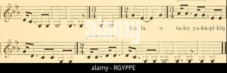 . Bulletin. Ethnologie. Densmore] TETON SIOUX MUSIK 317 Toka 'la Kig der Fuchs (Gesellschaft) Ta^ ku Yaka" pi-Daq^ na, wenn Sie vorschlagen, alles iyo 'Tag' inidi zu tun, 'La halte ich mich vor allem l^ oder) aber (jetzt) iyo" teje eine harte Zeit waki" yelo 'Ich bin in Analyse. - Das ist der einzige Song von diesem Sänger, aber seine rhythmische Form zeigt, dass es in seinem Kopf war klar. Zwei Interpretationen wurden aufgenommen; diese zeigen keine Unterschiede. Tlu 'ee Vorzeichen auftreten - das Zweite und Dritte einen Halbton abgesenkt, und der Vierte angehoben um einen Halbton. Im ersten Teil des Songs C sharp und D scharf waren etwas gesungen b Stockfoto