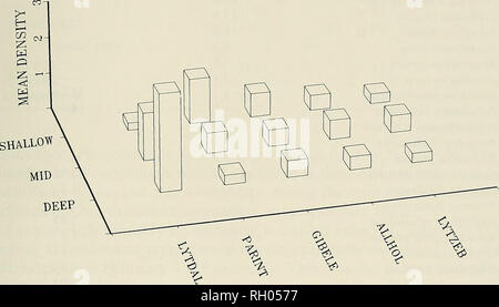 . Bulletin. Wissenschaft; Naturgeschichte; Natural History. Kryptische FISCHE VON CATALINA Island 65 KRYPTISCHE FISCHE DICHTE VON TIEFE. Abb. 5. Meine numerische Dichte der fünf am häufigsten vorkommenden Arten von Cryptic Fische in jeder der drei tiefe Schichten über den Zeitraum von Oktober 1984 bis Oktober 1985. (LYTDAL=Lythrypnus dalli; PARINT=Paraclinus integripinnis; GIBELE=Gibbonsia elegans; ALLHOL=Allodinus holderi; LYTZEB=Lythrypnus Zebra). Für die auffällige Fische und für die auffällige und kryptischen Fische kombiniert (Tabelle 4). Vielfalt für den April und Oktober 1985 Umfragen für auffällige Fische war Stockfoto