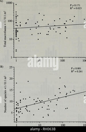 . Bulletin. Wissenschaft. 140 südliche Kalifornien AKADEMIE DER WISSENSCHAFTEN P=0.171 R^=0,023. 1000 1000 Anzahl Musculistasenhousia+/O.l m^Abb. 7. Musculista senhousia vs. a) Gesamtzahl der Personen und B) Gesamtzahl der Arten. Datenpunkte station bedeutet (mit Ausnahme von Station A). Berechnungen der gesamten macrofaunal Dichten und Arten Reichtümer Musculista senhousia ausschließen. Diskussion in der Mission Bay, Es gibt deutliche Unterschiede in der Struktur, die scheinbar von Gradienten in der physikalischen Eigenschaften in der Bucht zu ergeben. Obwohl die Mission Bay ist eine Lagune mit begrenzten Süßwasser Stockfoto