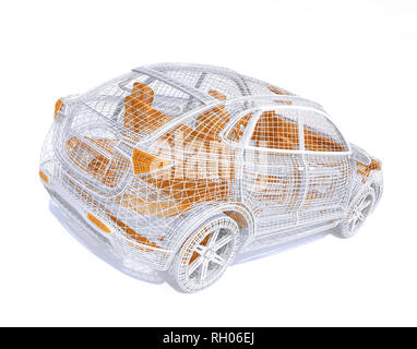 Silber und Gelb Wire frame von elektrischen SUV auf weißem Hintergrund. 3D-Bild Stockfoto