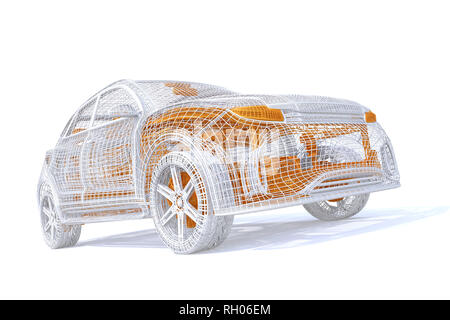 Silber und Gelb Wire frame von elektrischen SUV auf weißem Hintergrund. 3D-Bild Stockfoto