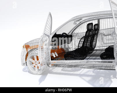 Wire Frame von elektrischen SUV auf weißem Hintergrund. Seitenansicht mit Türen geöffnet. 3D-Bild Stockfoto