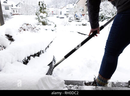 Stadtkyll, Deutschland. 31 Jan, 2019. Eine Frau löscht den frischen Schnee vom Eingang Treppe eines Hauses. Letzte Nacht gab es schwere Schnee in Rheinland-Pfalz. Credit: Harald Tittel/dpa/Alamy leben Nachrichten Stockfoto