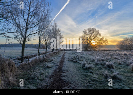 Avon Valley Fußweg, Burgate, Fordingbridge, New Forest, Hampshire, Großbritannien, 31. Januar 2019, Wetter: Ein harter Frost über Nacht macht die Landschaft weiß, während der Sonnenaufgang das Morgenlicht bringt. Stockfoto