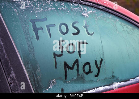 Woking, Surrey, South East England, UK, 31. Januar 2019. UK Wetter: "Frost für Mai": Wird eine Nachricht auf einem gefrorenen Fenster am Morgen geschrieben, nachdem die kälteste Nacht in Großbritannien bisher in diesem Winter als Premierminister Theresa May bereitet der britischen Brexit Abkommen mit EU-Unterhändler zu verhandeln. Credit: Graham Prentice/Alamy Leben Nachrichten. Stockfoto