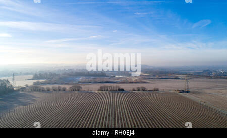 Aylesford, Kent. 31. Januar 2019. UK Wetter: Eisige Temperaturen und niedrigen Morgen Sonne warf lange Schatten über Frost Weinberge und Nebel steigt über die Felder abgedeckt. Von drone Schoß, CAA PfCO lizenzierten Piloten. Quelle: Matthew Richardson/Alamy leben Nachrichten Stockfoto